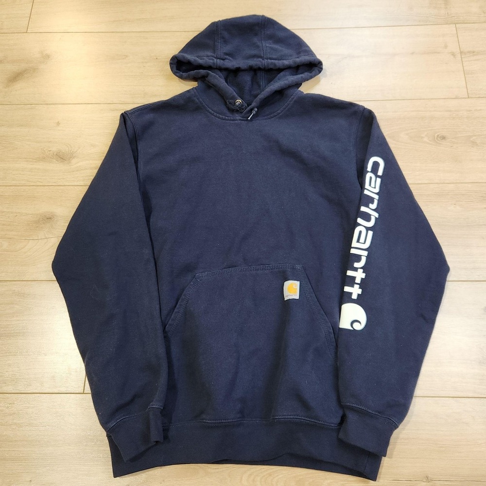 Carhartt Hoodie Mens Small Blue Loose Fit Logo Sleeve Fleece Pullover Sweatshirt
